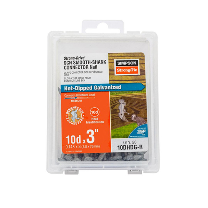 A clear plastic pack contains 50 Simpson Strong-Drive SCN Smooth-Shank Nails, 3 in. x 0.148 in., hot-dip galvanized for corrosion resistance, conforming to ASTM F1667 standards, and designed for use with Simpson Strong-Tie connectors.